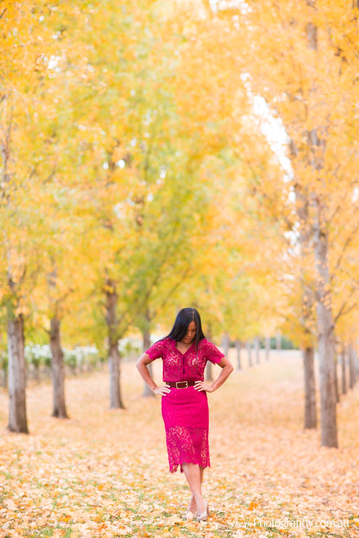 fashion photo shoot in the yarra valley with falling autumn leaves