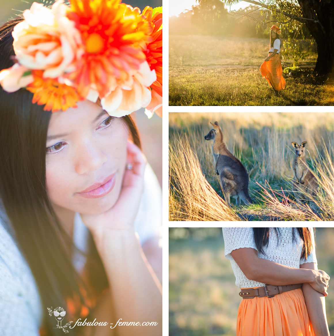 sunshine photoshoot - orange dress- headpiece - kangaroos