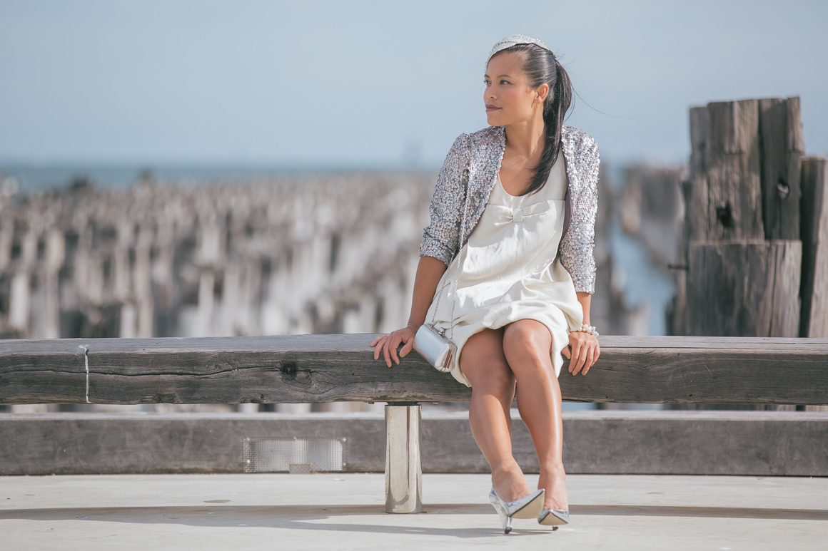 girl sitting on pier - fashion blogger - melbourne - silver outfit ootd